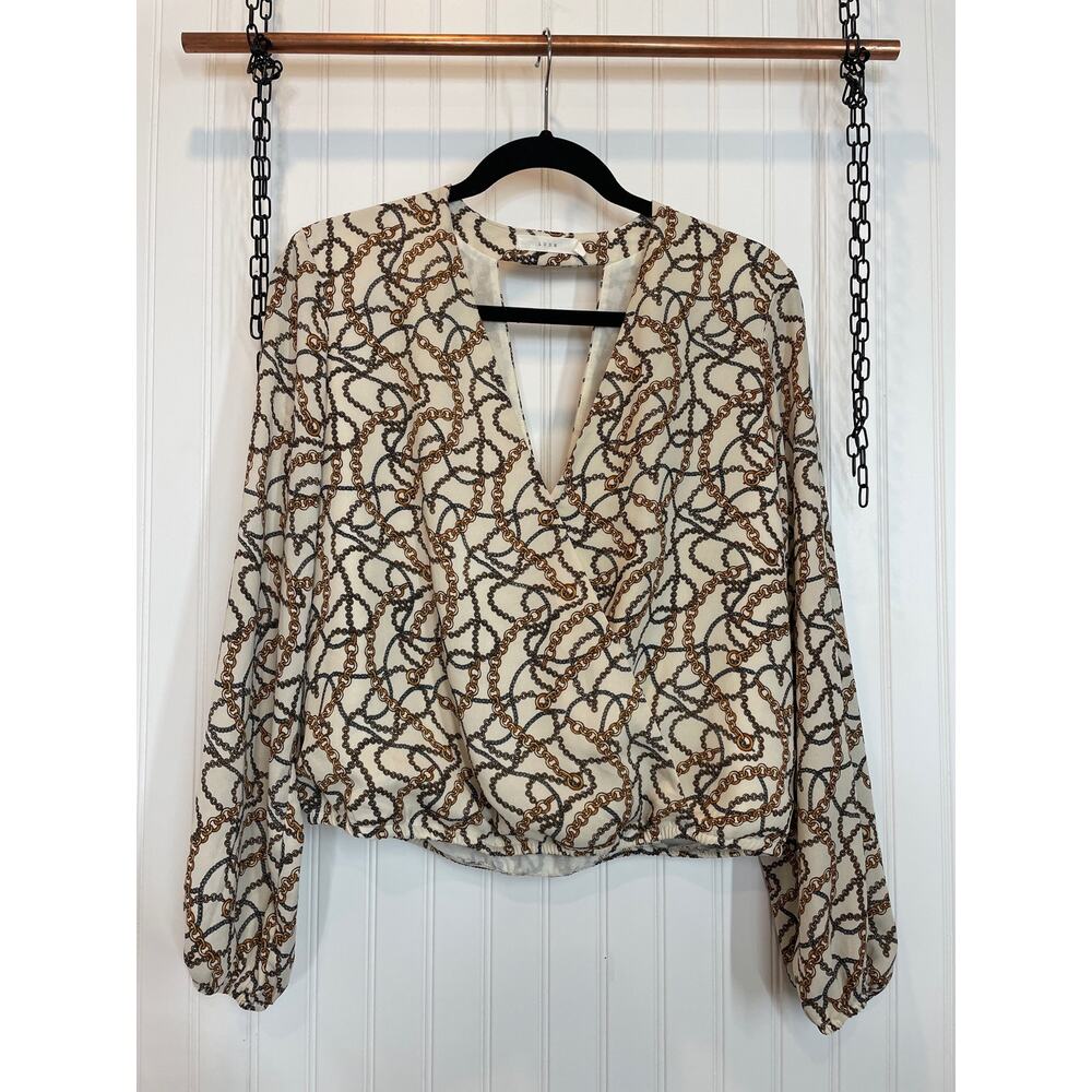 Lush Chain Print Keyhole Cut Out Back Long Sleeve Faux Wrap Blouse Size M